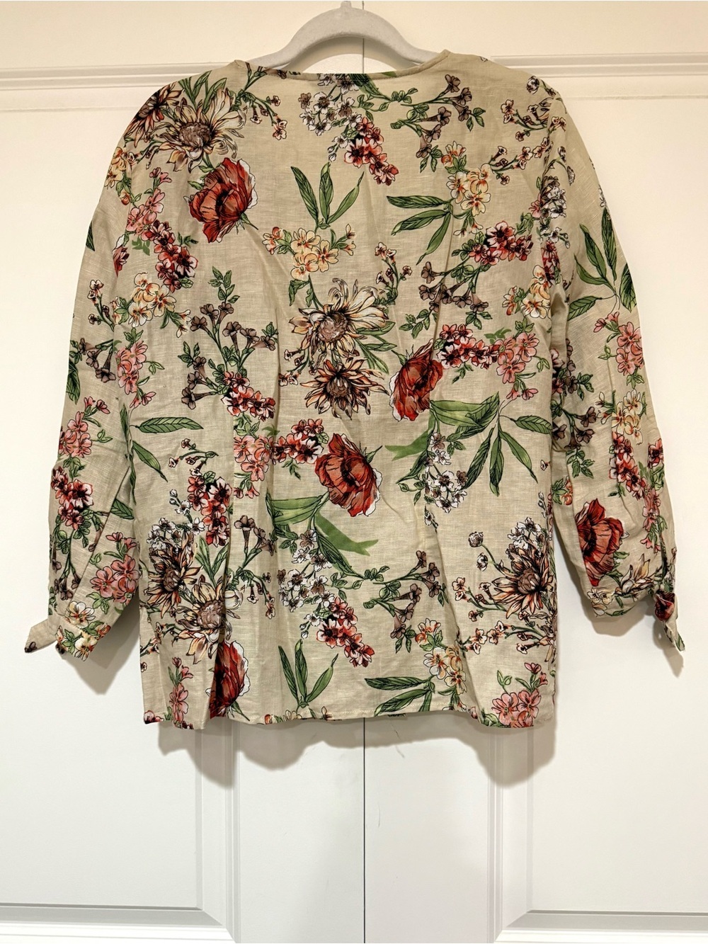 Linen Blend Floral Print Button-Down Women’s Shirt in Beige - Picture 3 of 4